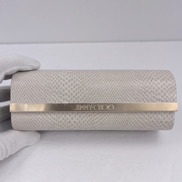 JIMMY CHOO GLASSES/SUNGLASSES CASE, FAUX SNAKE LEATHER, TAN & WHITE, 6.5” X 2.5” - Picture 2 of 13